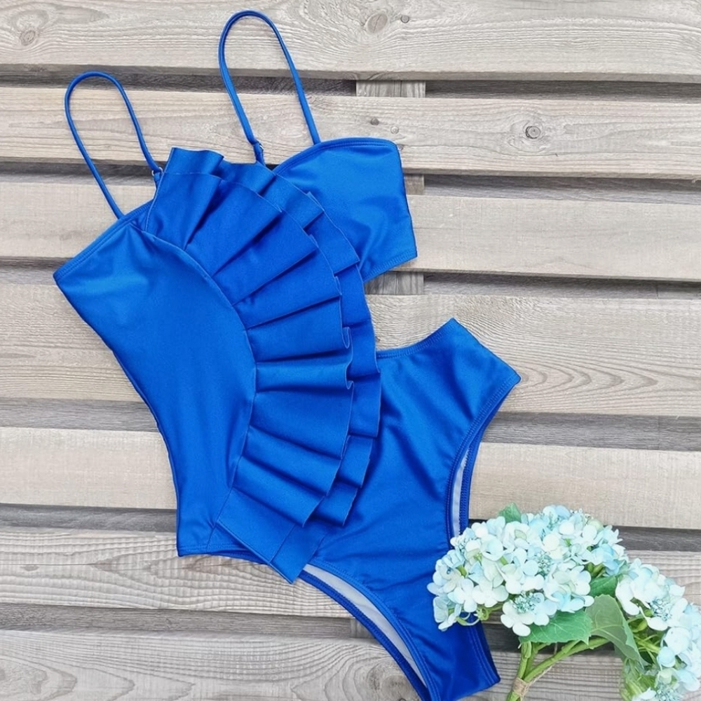 One Piece Swimsuit Flounce Swimwear Cut Out Monokini Sz S blue‎